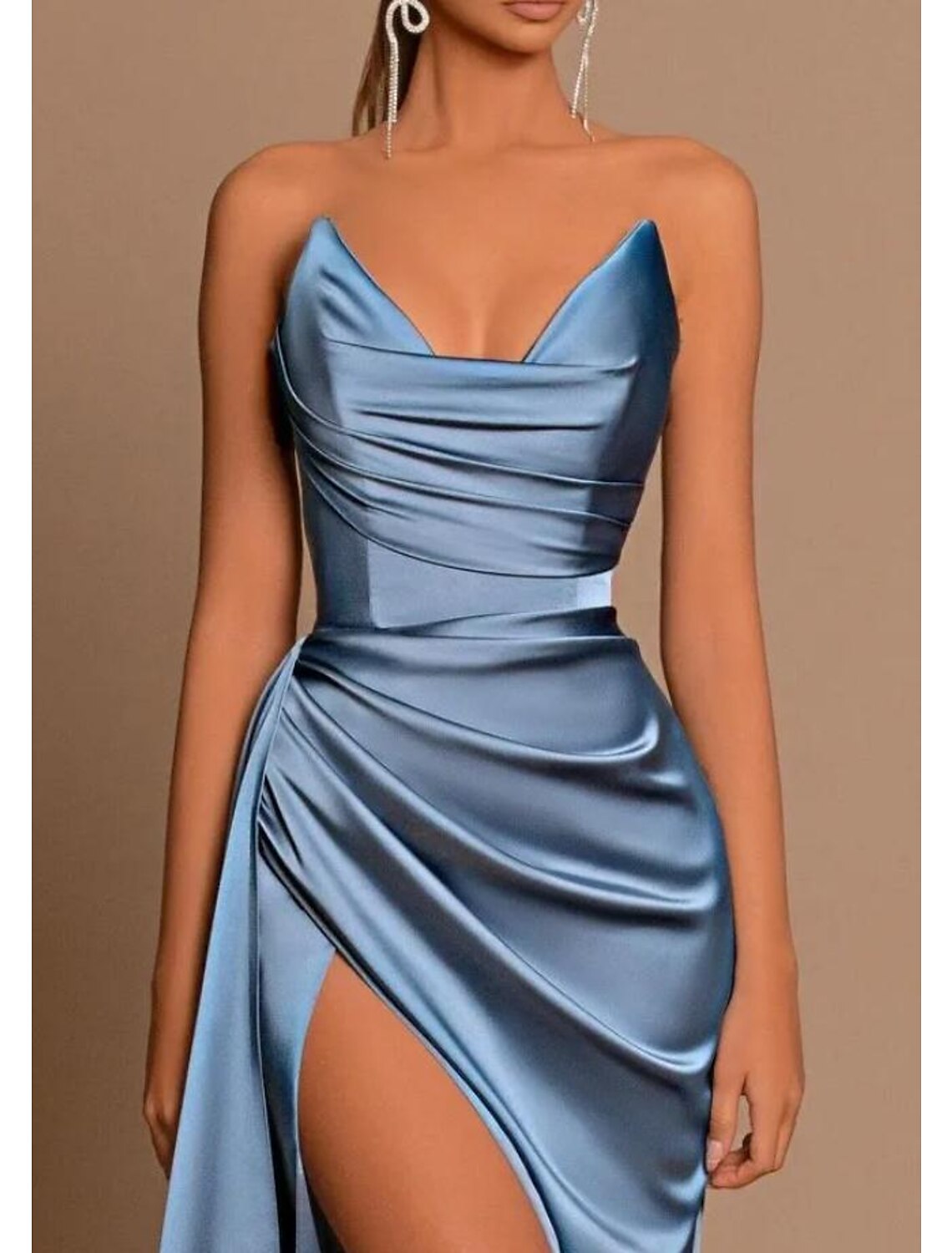 Aimishang A-Line Evening Dress Blue Wedding Guest Dress Cocktail Party Dress Satin Sweep / Brush Train Sleeveless V Neck Bridesmaid Dress Backless with Pleats Ruched Slit