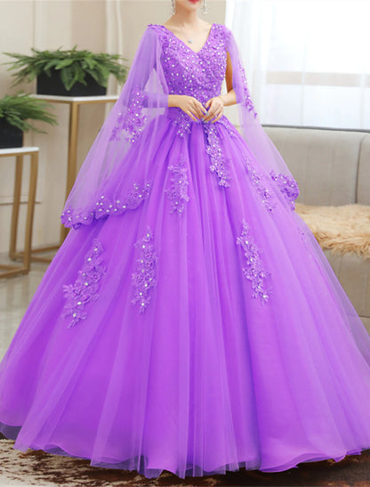 Wholesa Ball Gown Quinceanera Dresses Princess Dress Red Green Dress Sweet 16 Floor Length Short Sleeve V Neck Tulle with Appliques