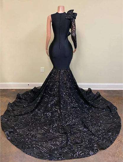 wholesale  Mermaid / Trumpet Evening Gown Floral Dress Formal Chapel Train Long Sleeve One Shoulder African American Sequined with Sequin