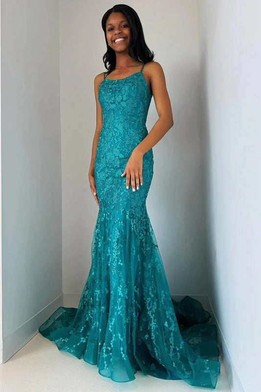 Wholesa Turquoise Appliques Lace-Up Trumpet Long Prom Dress