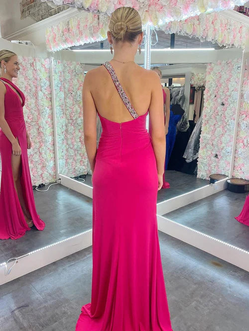 Wholesale Fashion Mermaid Evening Dress One Shoulder Pink Cutout Long Prom Dress