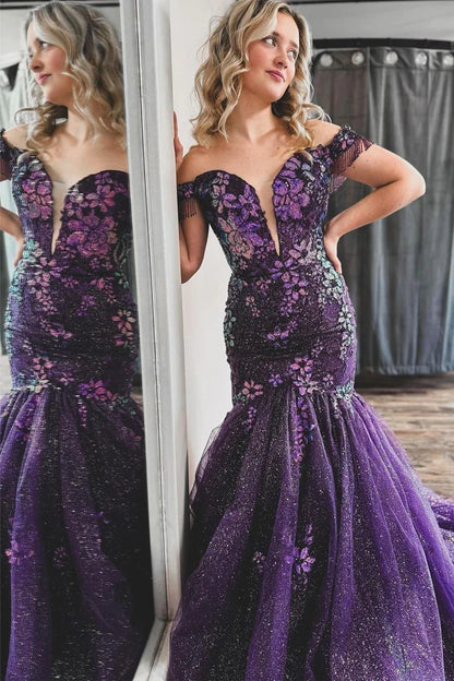 Wholesa Purple Off the Shoulder Sequin Lace Mermaid Prom Dresses