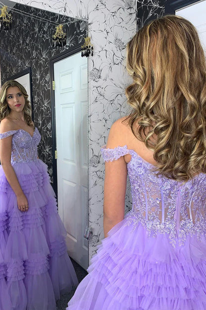 Wholesa Lilac Off the Shoulder Tiered Tulle Long Prom Dresses with Appliques