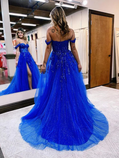 Aimishang A Line Evening Dress Off the Shoulder Lace Tulle Prom Dress With Slit