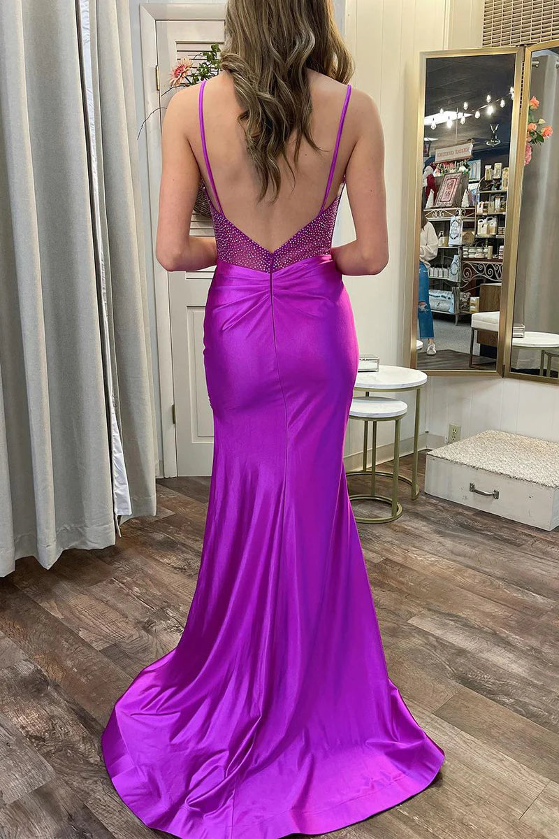 Wholesa Purple Sweetheart Satin Mermaid Long Prom Dresses with Slit