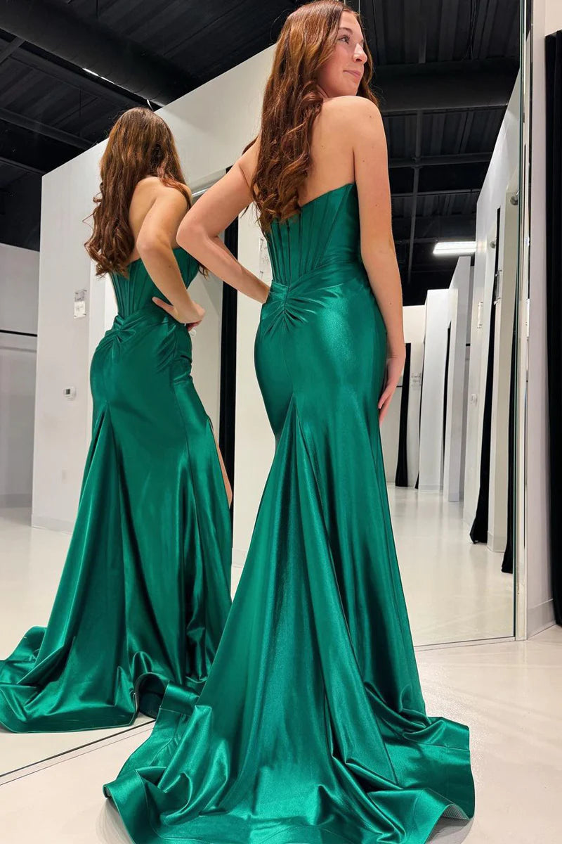 Wholesa Emerald Satin Mermaid Long Prom Dresses with Detachable Shoulder Straps