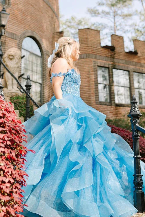 Wholesale Elegant Blue Off the Shoulder Ruffle Tiered Tulle Long Prom Dresses with Appliques