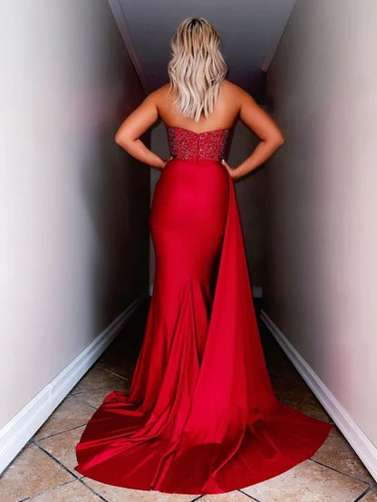 Wholesale Fashion Red Evening Dress Strapless Satin Long Prom Dress with Slit