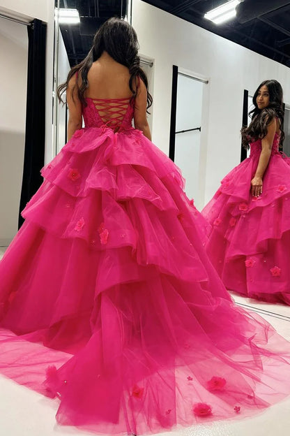 Wholesa Fuchsia Sweetheart Tiered Tulle Ball Gown Prom Dresses with Appliques