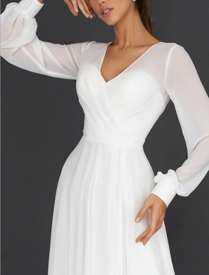 Wholesa Reception Little White Dresses Wedding Dresses A-Line V Neck Long Sleeve Tea Length Chiffon Bridal Gowns With Pleats