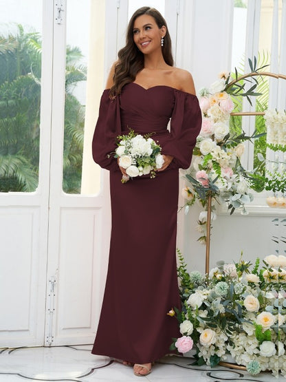 Wholesa Sheath/Column Silk like Satin Ruched Off-the-Shoulder Long Sleeves Floor-Length Bridesmaid Dresses