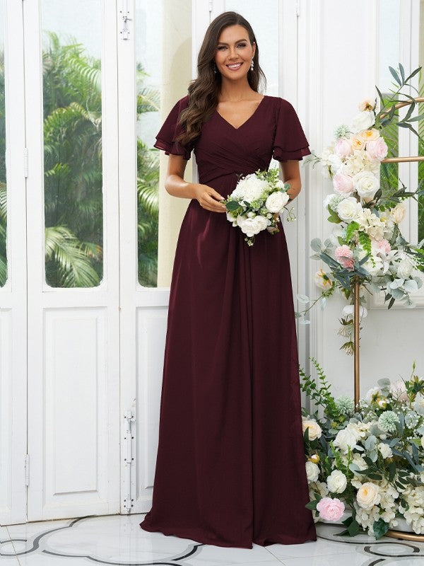 Wholesa A-Line/Princess Chiffon Ruffles V-neck Short Sleeves Floor-Length Bridesmaid Dresses