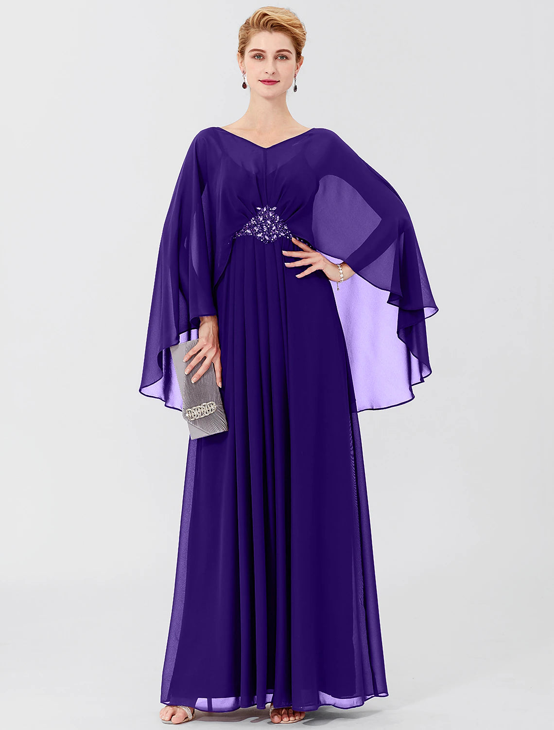 Wholesa  Sheath / Column Mother of the Bride Dress Formal Classic & Timeless Elegant & Luxurious Elegant V Neck Floor Length Chiffon Long Sleeve with Pleats Beading