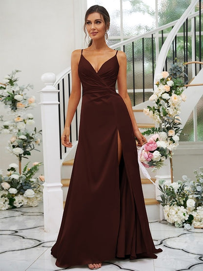 Wholesa A-Line/Princess Silk like Satin Ruched V-neck Sleeveless Floor-Length Bridesmaid Dresses