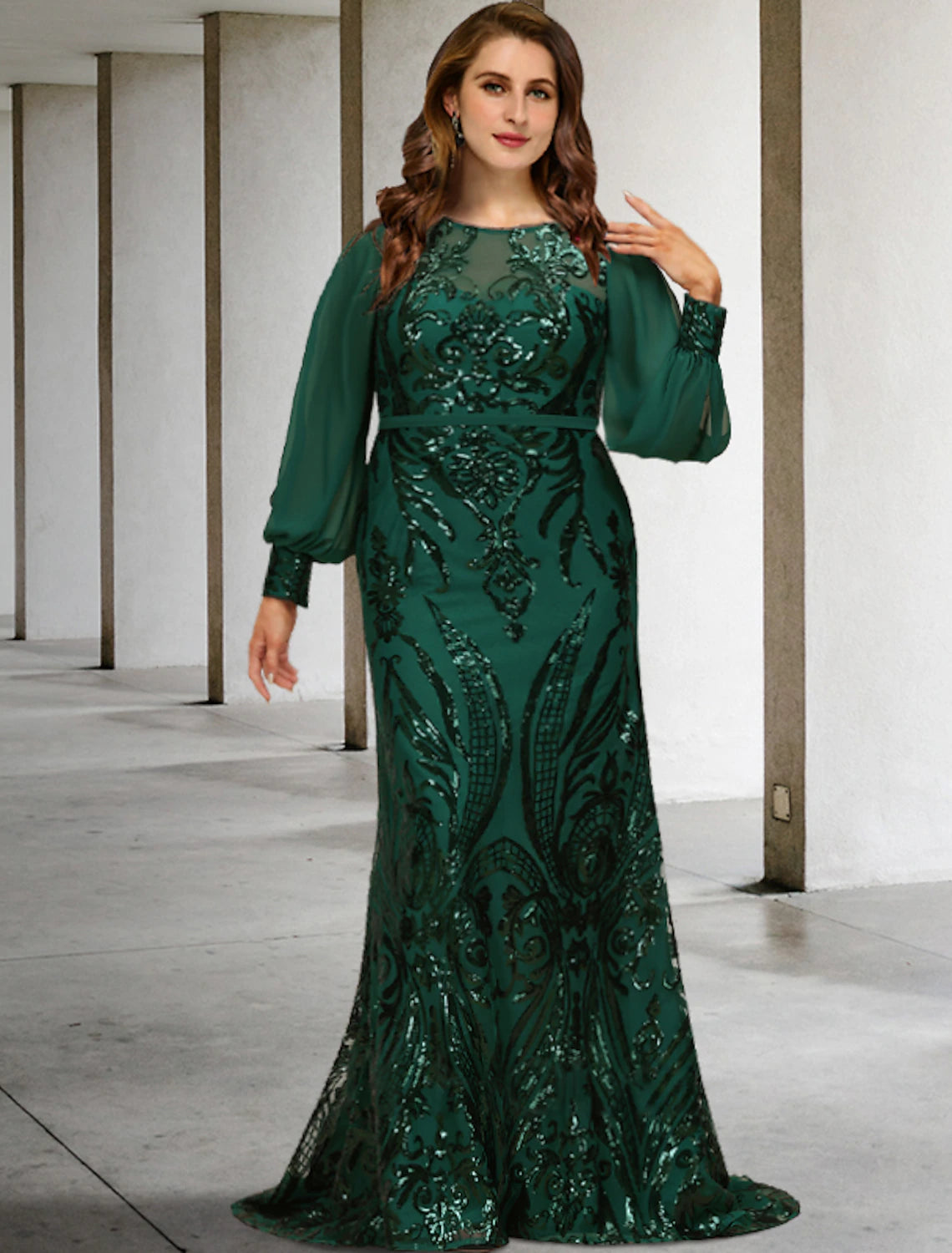 Wholesa  Mermaid / Trumpet Mother of the Bride Dresses Plus Size Hide Belly Curve Elegant Dress Formal Sweep / Brush Train Long Sleeve Jewel Neck Chiffon with Sequin