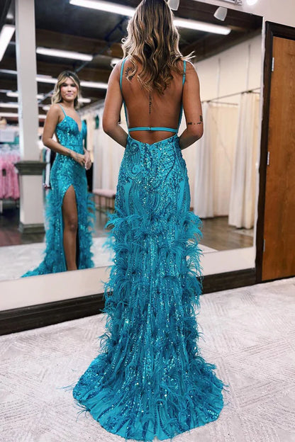 Wholesale Jade Sequin Evening Dress Lace V Neck Mermaid Prom Dresses with Slit