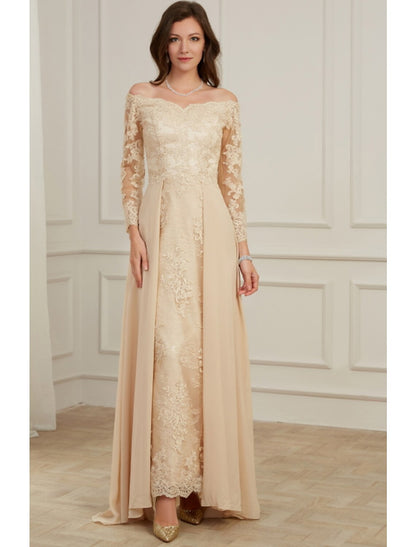 Wholesale A-Line Evening Gown Elegant Dress Wedding Guest Floor Length Long Sleeve Off Shoulder Polyester with Overskirt Appliques