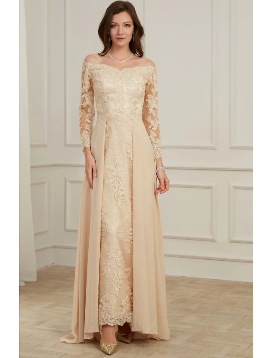 Wholesa A-Line Evening Gown Elegant Dress Wedding Guest Formal Evening Floor Length Long Sleeve Off Shoulder Polyester with Overskirt Appliques