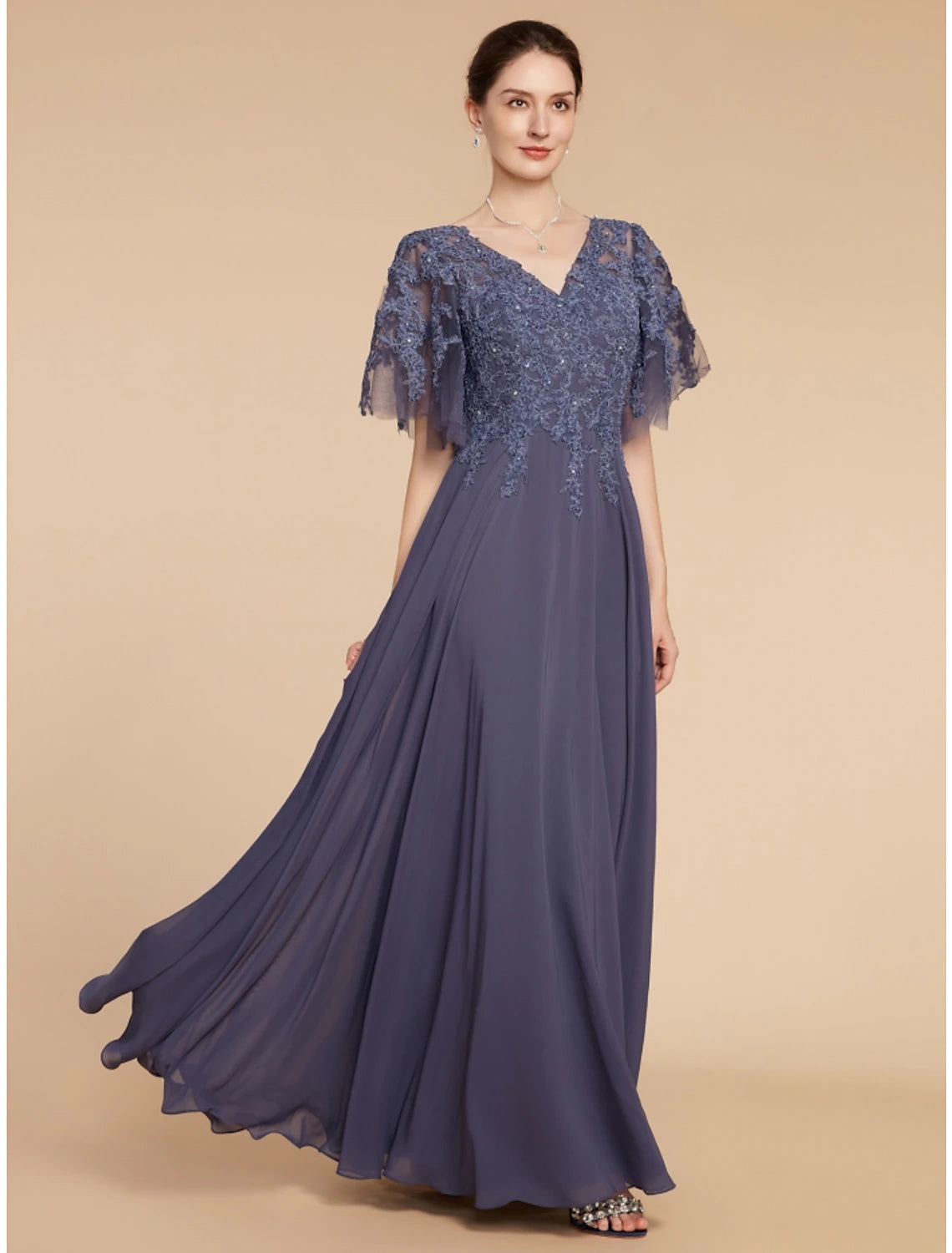 Wholesa  A-Line Mother of the Bride Dress Wedding Guest Elegant V Neck Floor Length Chiffon Lace Short Sleeve with Sequin Ruching Solid Color