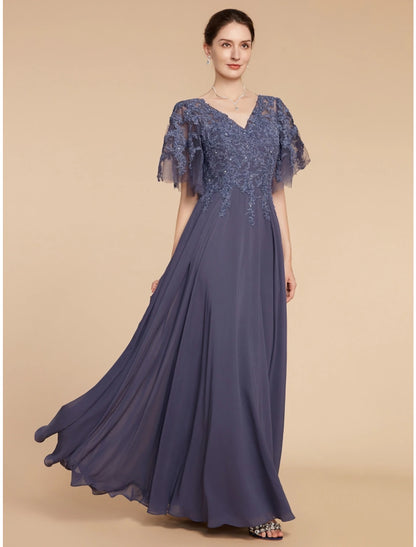 Wholesa  A-Line Mother of the Bride Dress Wedding Guest Elegant V Neck Floor Length Chiffon Lace Short Sleeve with Sequin Ruching Solid Color