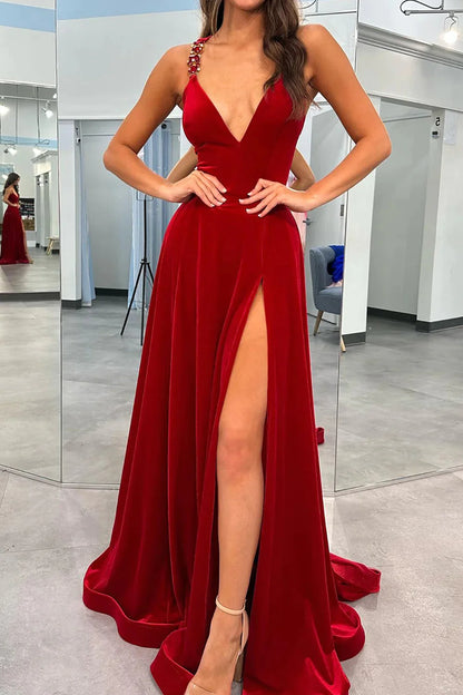 Wholesa Red Velvet A-Line V Neck Long Prom Dress With Slit