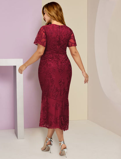 wholesale  Plus Size Curve Mother of the Bride Dress Wedding Guest Party Elegant V Neck Tea Length Lace Short Sleeve with Pleats Solid Color