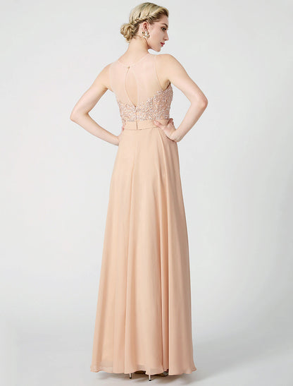 Wholesa  A-Line Classic & Timeless Keyhole Pastel Colors Holiday Cocktail Party Prom Dress Illusion Neck Sleeveless Floor Length Chiffon Beaded Lace with Pleats Appliques