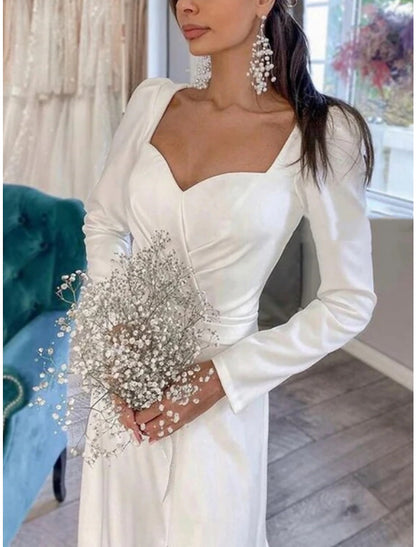 Wholesa Formal Wedding Dresses Sheath / Column Sweetheart Long Sleeve Court Train Satin Bridal Gowns With Pleats Split Front