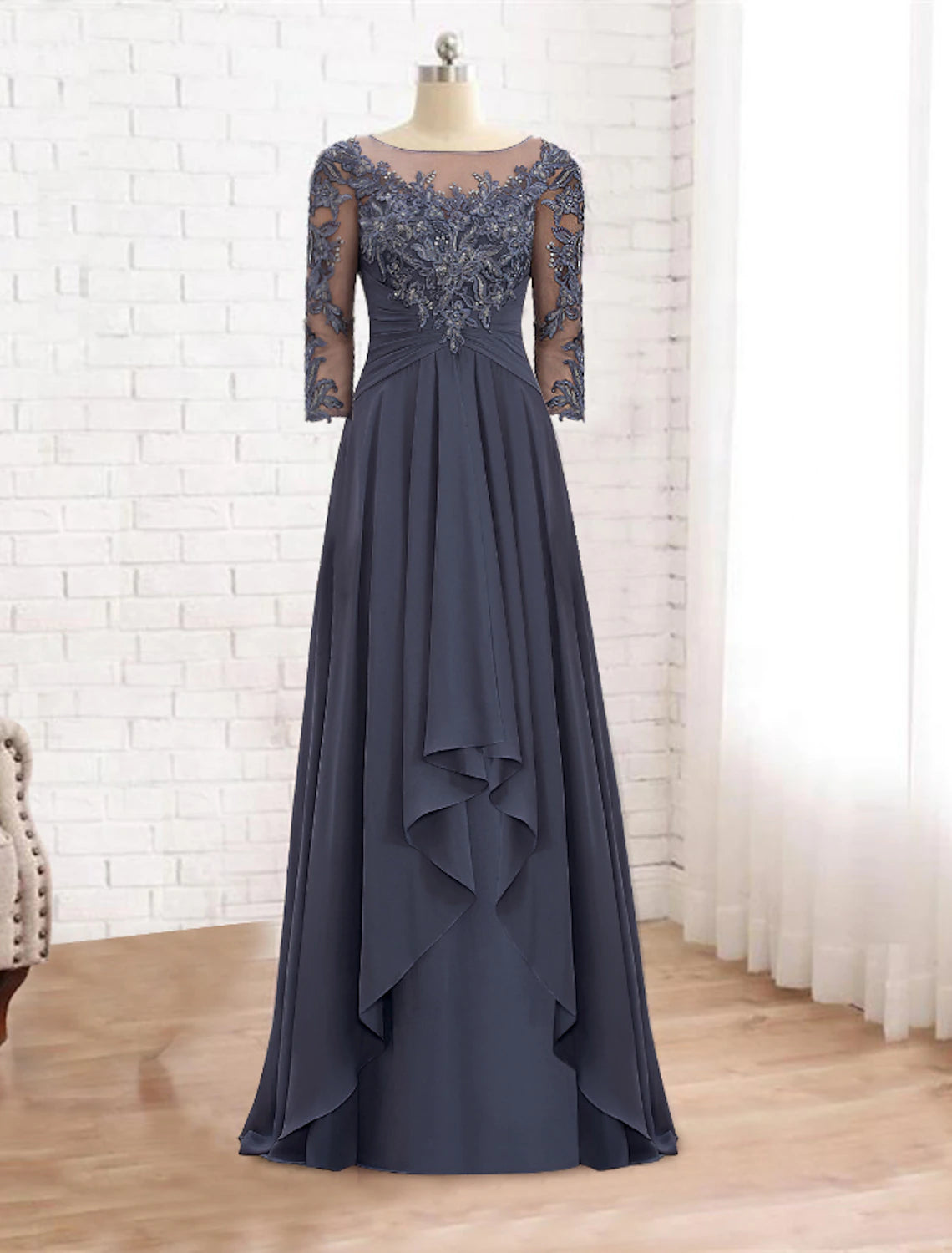 Wholesa  A-Line Mother of the Bride Dress Elegant V Neck Floor Length Chiffon Lace 3/4 Length Sleeve with Ruffles Appliques