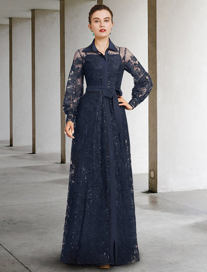 wholesale  A-Line Mother of the Bride Dress Elegant Jewel Neck Floor Length Chiffon Lace Long Sleeve with Pleats Appliques