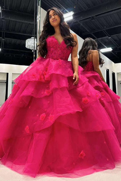 Wholesa Fuchsia Sweetheart Tiered Tulle Ball Gown Prom Dresses with Appliques