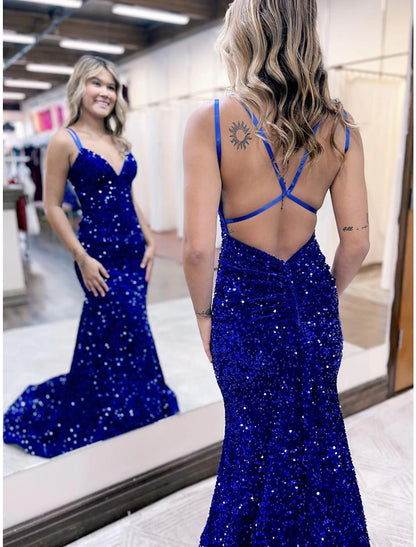 Wholesa Mermaid / Trumpet Prom Dresses Sparkle & Shine Dress Formal Wedding Party Court Train Sleeveless V Neck Sequined Backless with Sequin