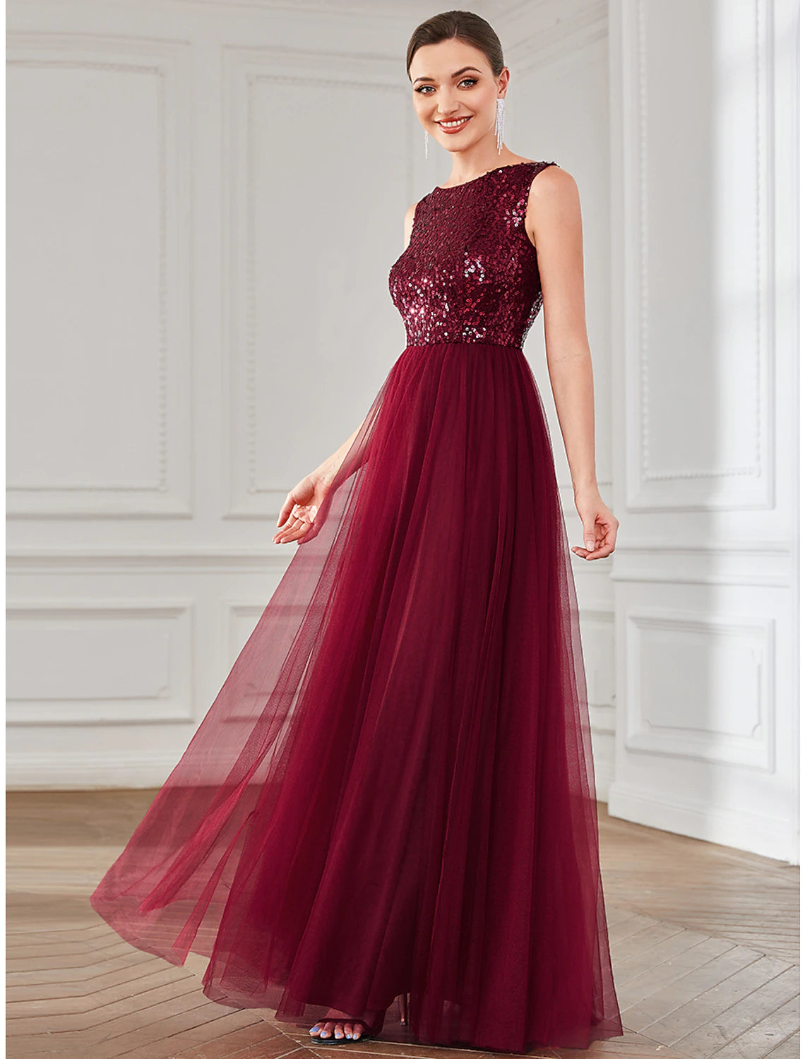 Wholesale A-Line Party Dresses Elegant Dress Wedding Guest Floor Length Sleeveless Jewel Neck Tulle with Sequin