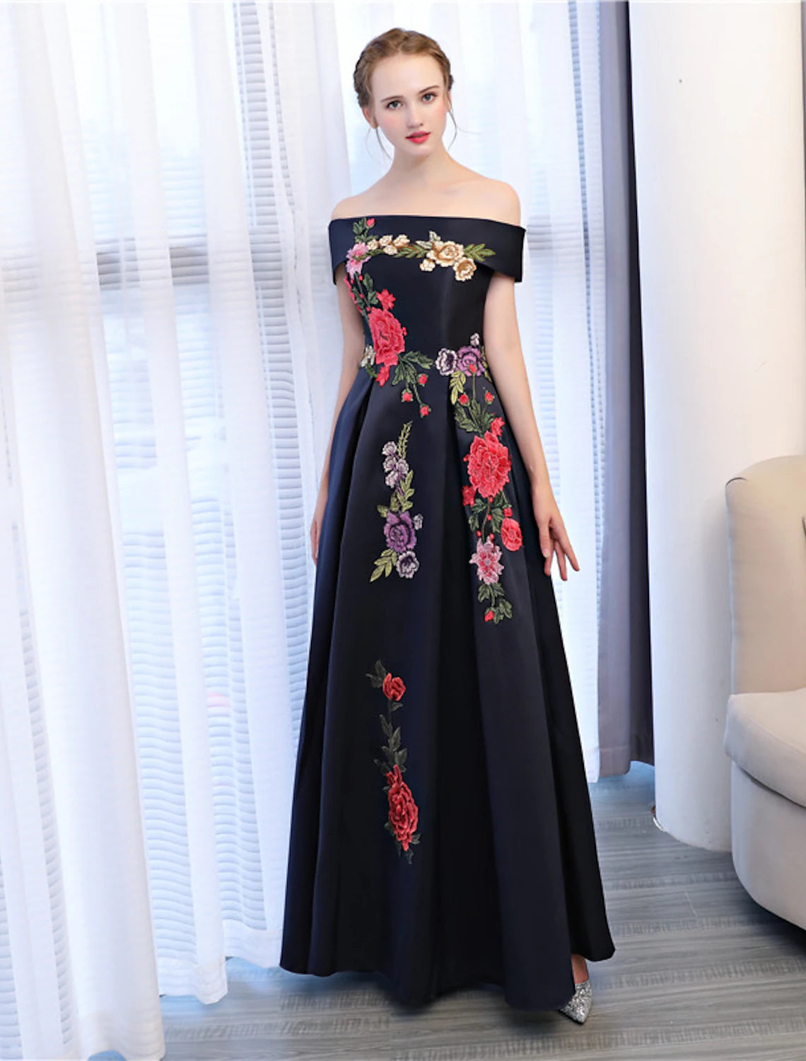 Wholesale A-Line Floral Dress Wedding Guest Floor Length Sleeveless Off Shoulder Satin with Embroidery Appliques