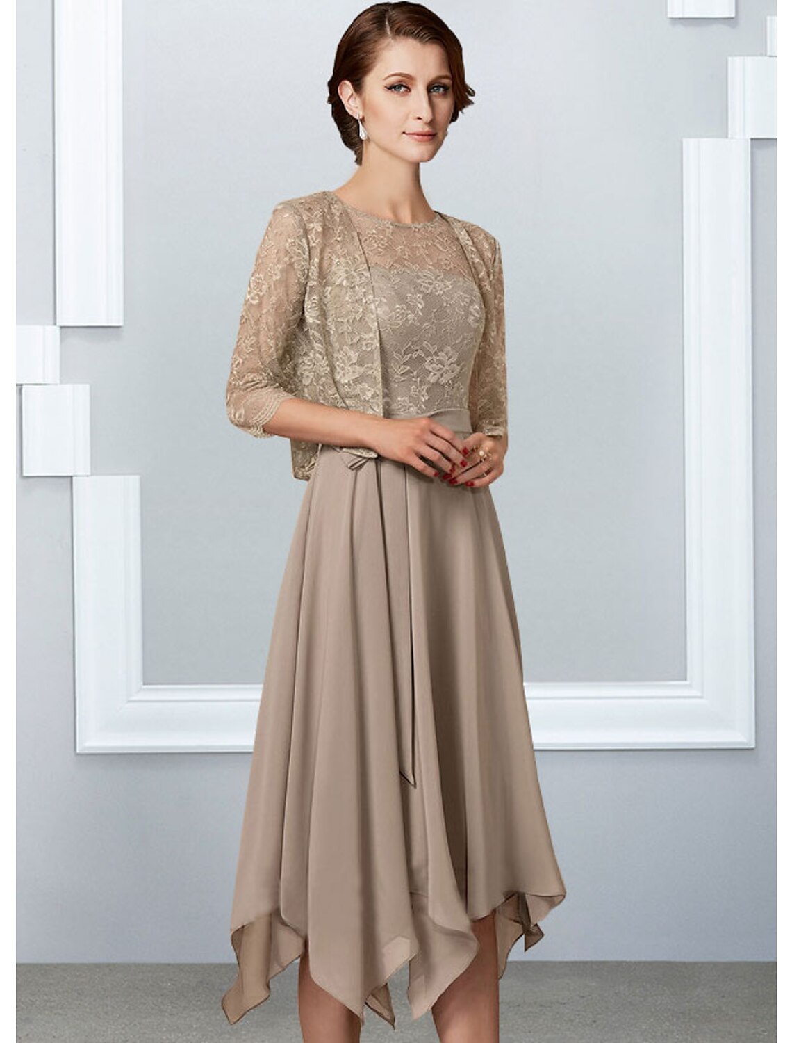 Wholesa A-Line Mother of the Bride Dress Elegant Jewel Neck Tea Length Chiffon Lace Half Sleeve with Pleats