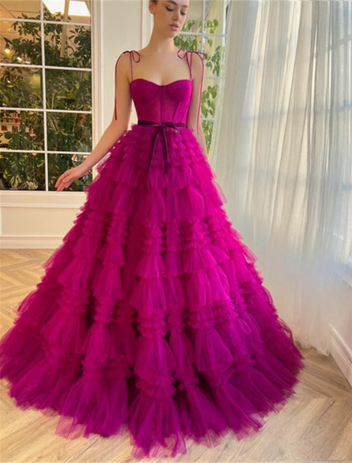 Wholesa Ball Gown Evening Gown Puffy Dress Wedding Party Birthday Floor Length Sleeveless Spaghetti Strap Tulle with Ruffles Strappy