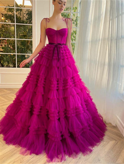 Wholesa Ball Gown Evening Gown Puffy Dress Wedding Party Birthday Floor Length Sleeveless Spaghetti Strap Tulle with Ruffles Strappy