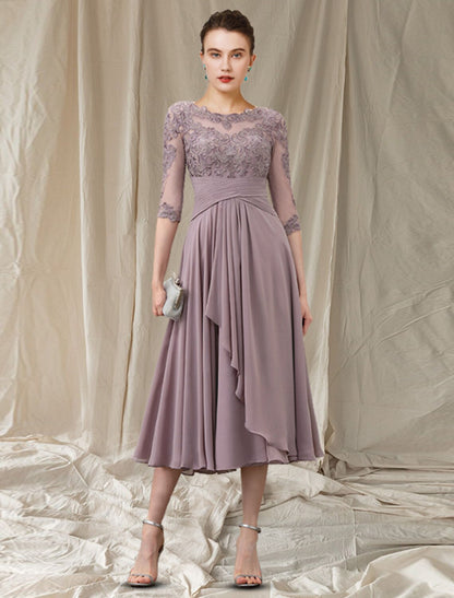 wholesale A-Line Mother of the Bride Dress Elegant Jewel Neck Tea Length Chiffon Lace Half Sleeve with Pleats Ruched Beading