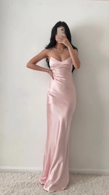 Wholesale Elegant Evening Dress Halter Neck Pink Prom Dresses Sheath Satin Evening Dress Formal Women's Dresses