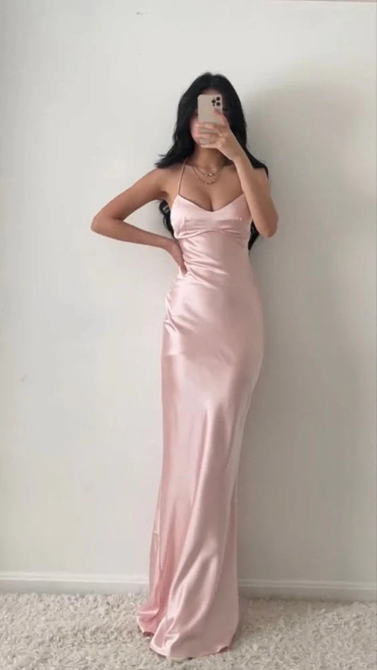 Wholesale Elegant Evening Dress Halter Neck Pink Prom Dresses Sheath Satin Evening Dress Formal Women's Dresses