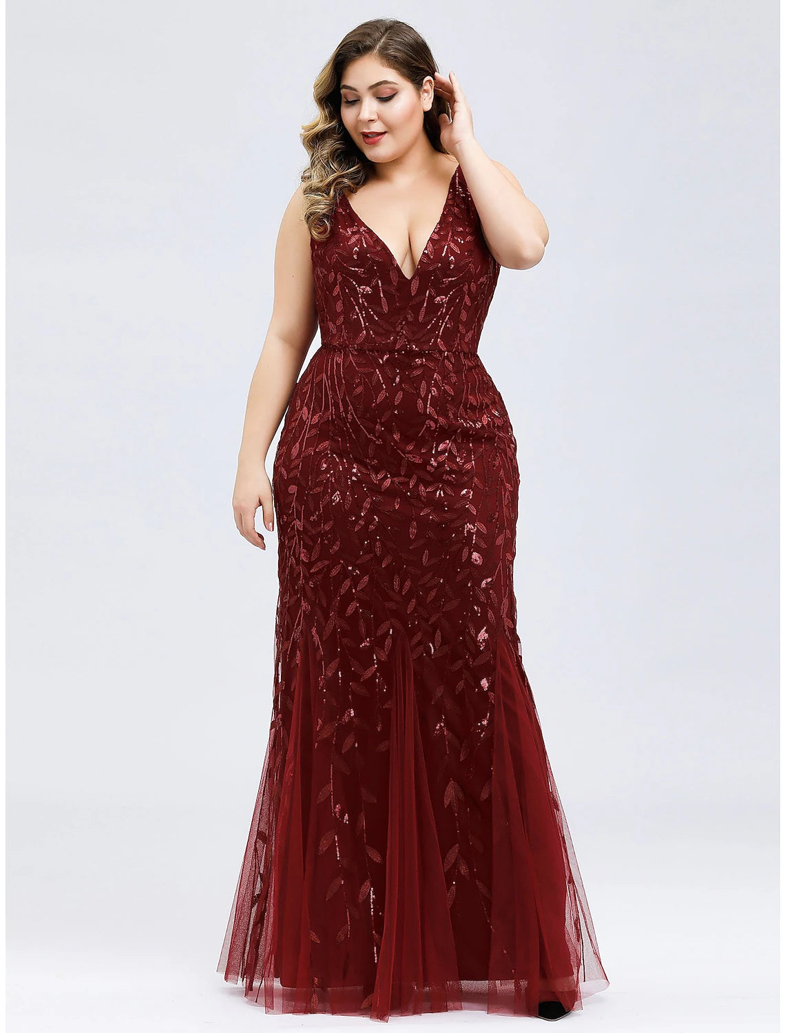 Wholesa  Mermaid / Trumpet Plus Size Sexy Prom Formal Evening Dress V Neck Sleeveless Floor Length Tulle with Appliques