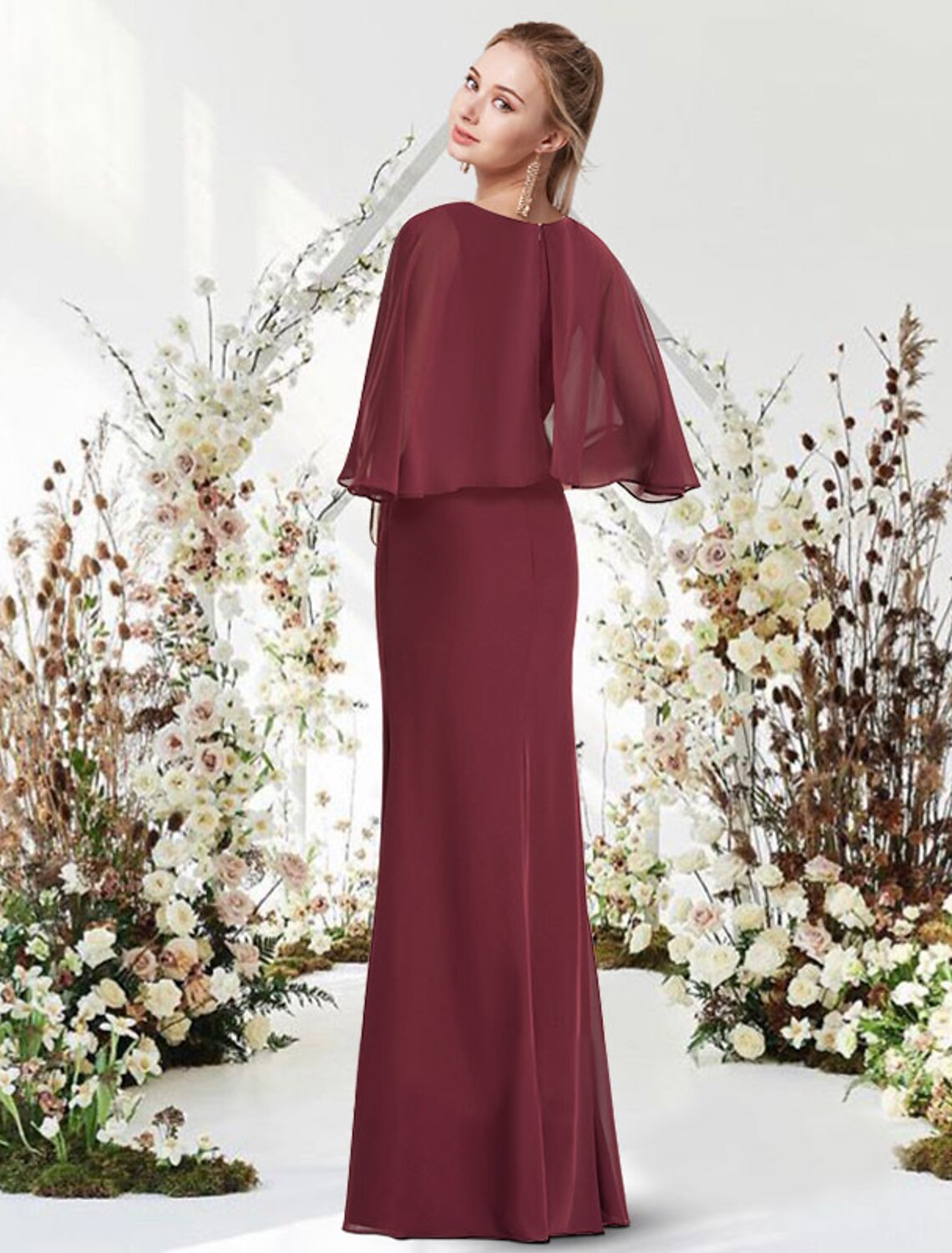 wholesale Sheath / Column Minimalist Elegant Engagement Formal Evening Dress Jewel Neck Half Sleeve Floor Length Chiffon with Sash / Ribbon