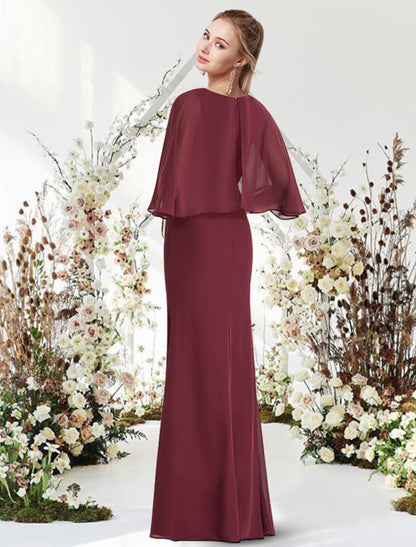 wholesale Sheath / Column Minimalist Elegant Engagement Formal Evening Dress Jewel Neck Half Sleeve Floor Length Chiffon with Sash / Ribbon