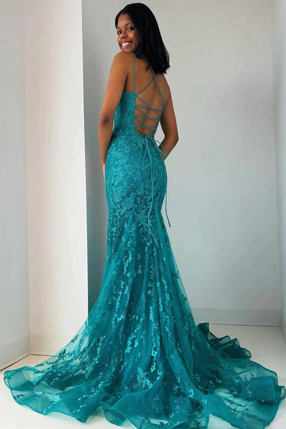 Wholesa Turquoise Appliques Lace-Up Trumpet Long Prom Dress