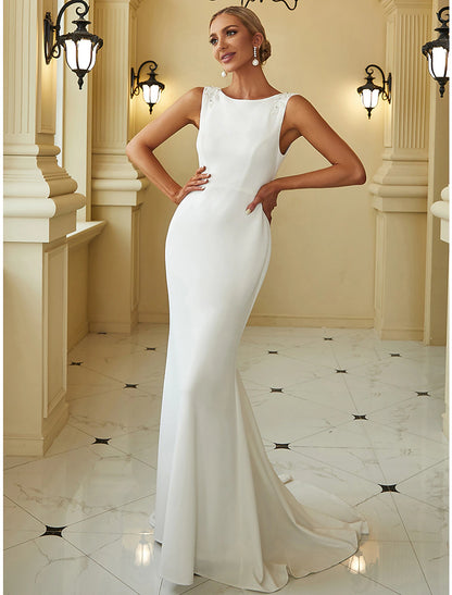 Wholesale Reception Casual Wedding Dresses Mermaid / Trumpet Scoop Neck Sleeveless Sweep / Brush Train Stretch Fabric Bridal Gowns With Beading Solid Color 2023 Summer Wedding Party