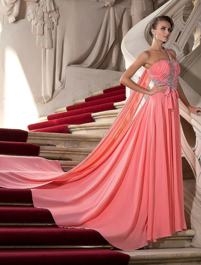 Wholesa A-Line Elegant Dress Wedding Guest Engagement Court Train Sleeveless One Shoulder Chiffon with Crystals Draping