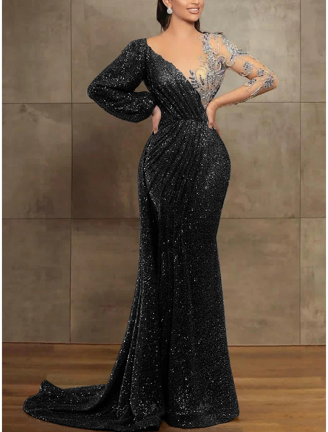 Aimishang Mermaid / Trumpet Evening Gown Elegant Formal Dress Red Green Dress Long Sleeve Sequined Long Prom Dress with Pleats