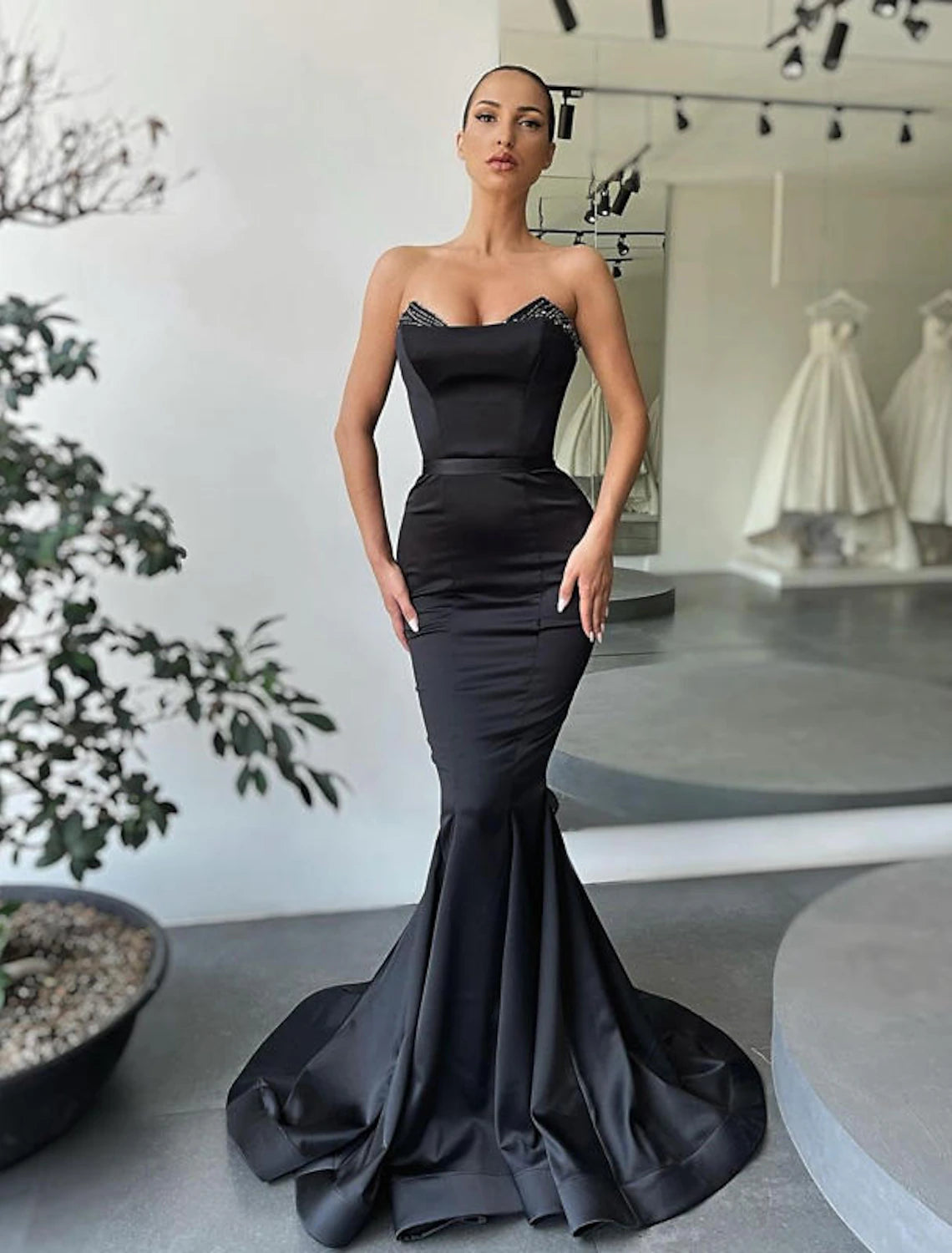 Wholesa Mermaid / Trumpet Evening Gown Sexy Dress Formal Wedding Guest Floor Length Sleeveless Strapless Satin Backless with Beading