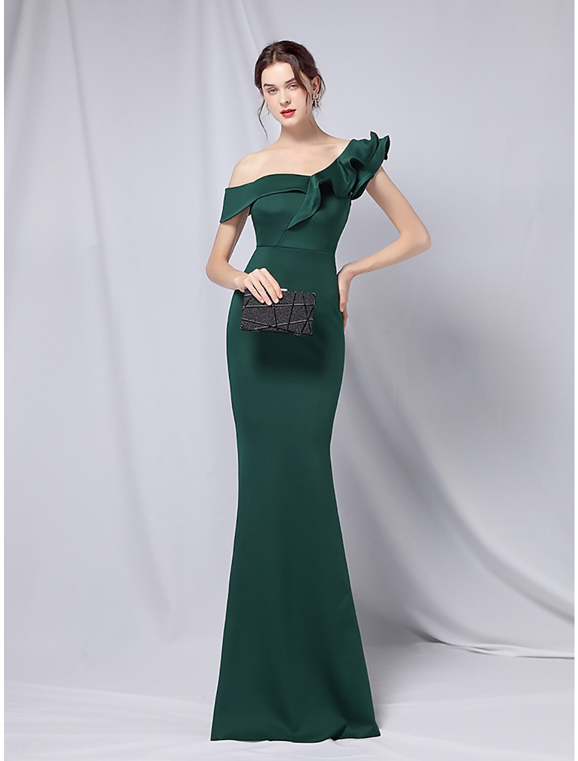 Wholesa Mermaid Party Dress Evening Gown Empire Dress Wedding Guest Formal Evening Floor Length Short Sleeve One Shoulder Stretch Satin with Ruffles