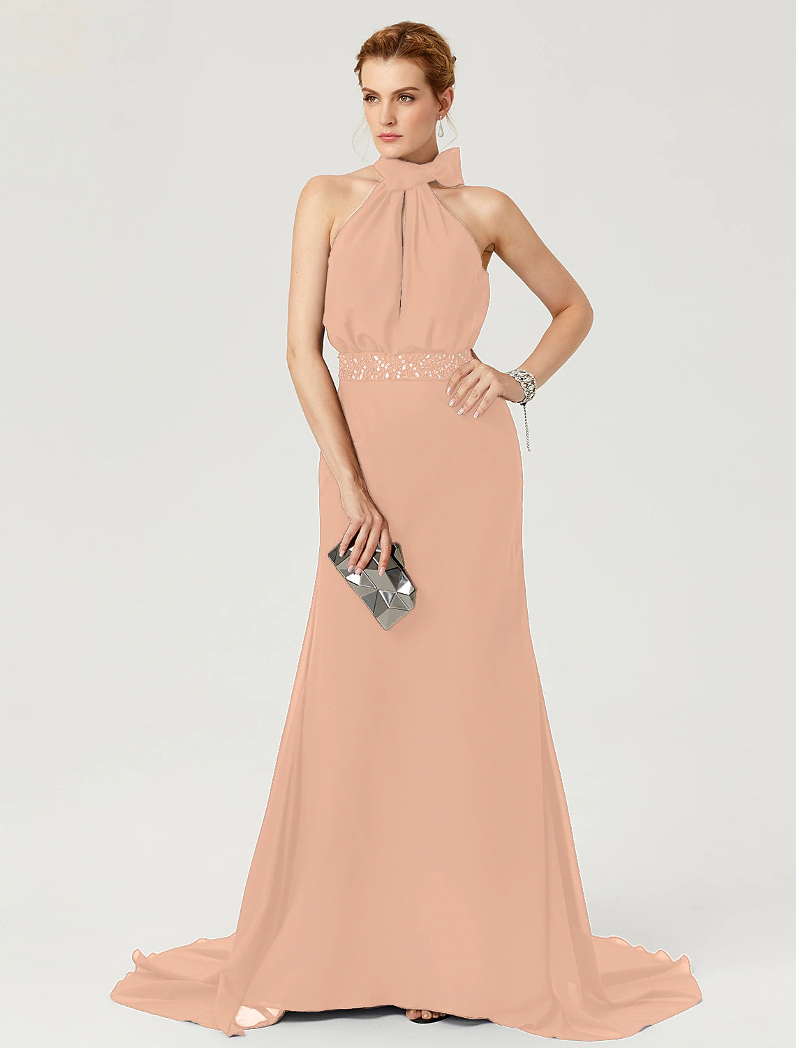 Wholesa Sheath / Column Elegant Holiday Cocktail Party Formal Evening Dress High Neck Sleeveless Court Train Chiffon with Sash / Ribbon Bow(s) Pleats